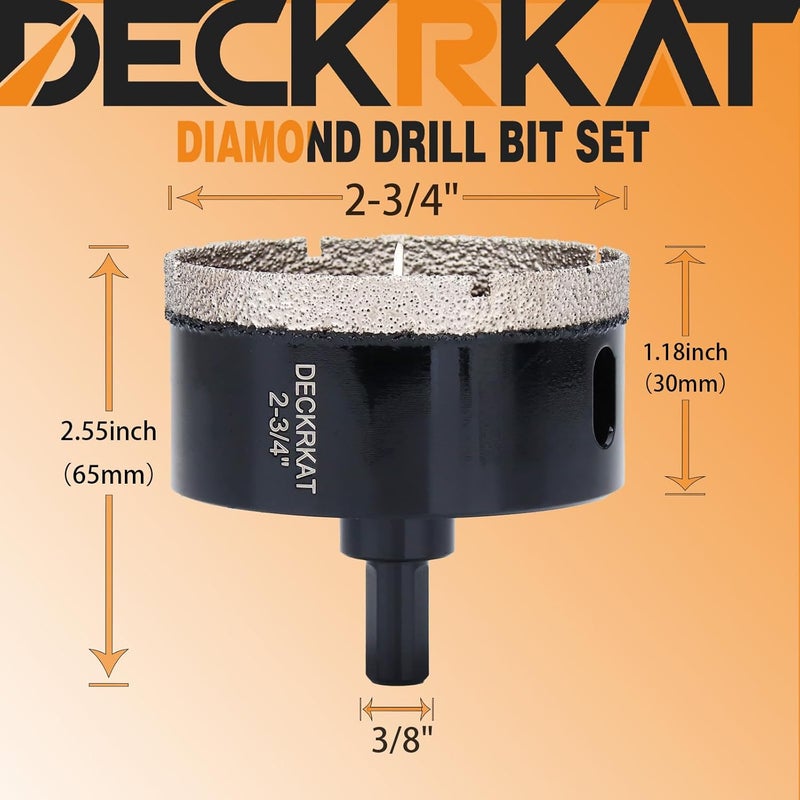 DECKRKAT 2-3/4 inch Diamond Hole-Saw Bits with Pilot Drill Bit -2-3/4" Diamond Tipped Tile Hole Saws with Guiding Bit Accurate Drilling for Porcelain Tile Ceramic Pottery Granite Stone Glass Bottles 70mm - Image 2